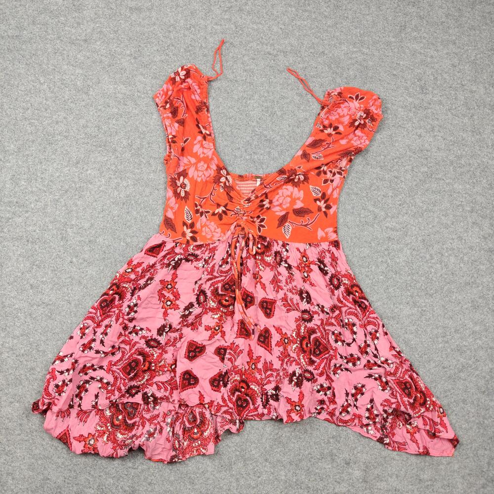 Free People Dress Womens M Pink Floral Smocked Trapeze Scoop Neck Boho Sundress